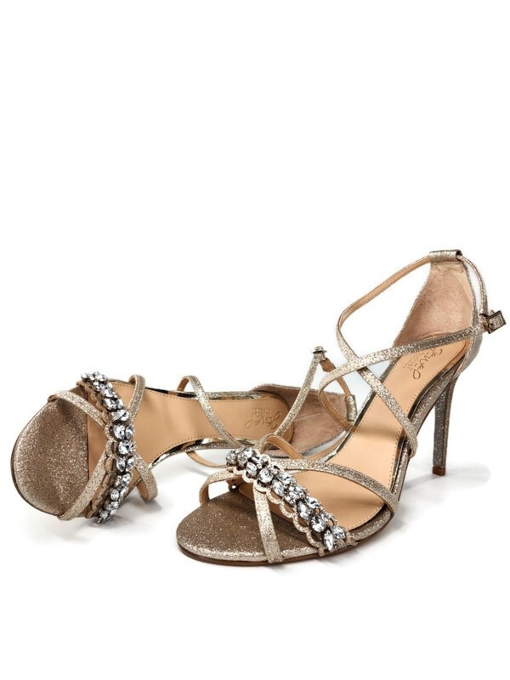 Badgley Mischka Gisele Gold Sparkle Crystals Strappy High Heel Dress Sandals